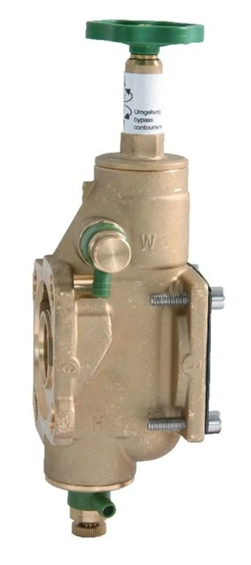 Syr Umgehungsventil in Bronze mit grünem Stellgriff und Verbindungsschrauben, zum Einsatz in Wasseraufbereitungsanlagen.